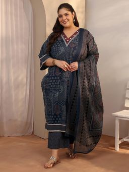 Extra love by Libas - Plus Size Women Cotton Blend Kurta With Palazzo & Dupatta