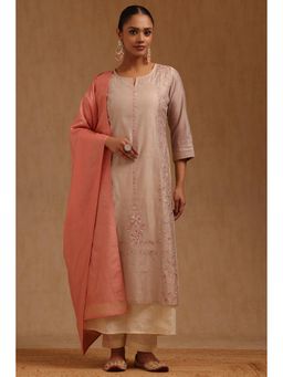 Soch - Beige Chanderi Three Fourth Sleeves Kurta With Pant & Dupatta