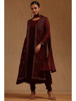 Soch - Maroon Georgette Full Sleeves Kurta Churidar With Dupatta & Jacket