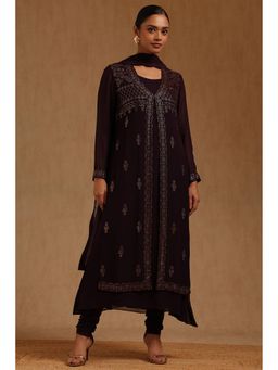 Soch - Wine Georgette Full Sleeves Kurta Churidar With Dupatta & Jacket