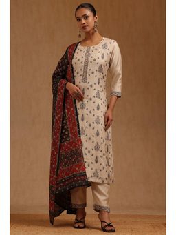 Soch - Beige Chanderi Three Fourth Sleeves Kurta With Pant & Dupatta