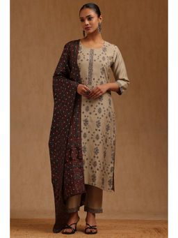 Soch - Beige Chanderi Three Fourth Sleeves Kurta With Pant & Dupatta