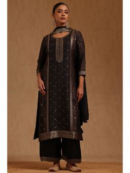 Soch - Black Silk Blend Three Fourth Sleeves Kurta With Palazzo & Dupatta