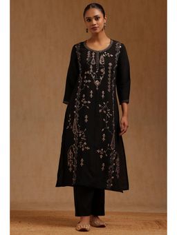 Soch - Black Muslin Three Fourth Sleeves Kurta With Pant