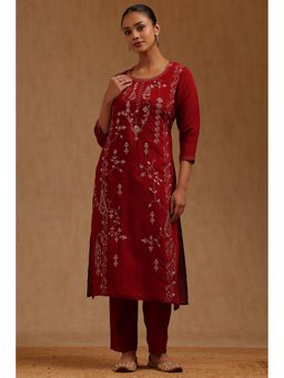 Soch - Maroon Muslin Three Fourth Sleeves Kurta With Pant
