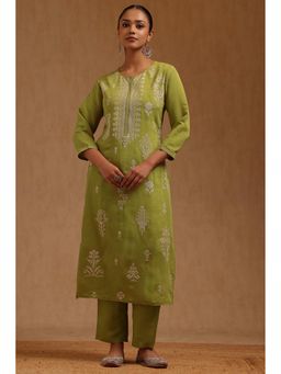 Soch - Green Muslin Three Fourth Sleeves Kurta With Pant