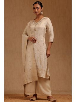 Soch - Off White Tissue Three Fourth Sleeves Kurta With Palazzo & Dupatta