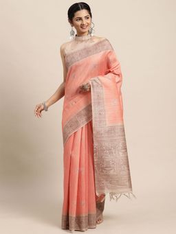 Odette - Womens Silk Blend Peach Printed Designer Saree with Unstitched Blouse
