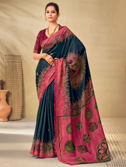 Odette - Womens Tussar Silk Teal blue Printed Saree with Unstitched Blouse