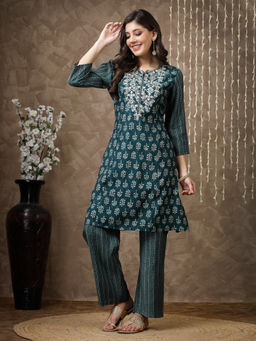 Nayam by lakshita - Teal Embroidered A-Line Kurta with Pant (Set of 2)