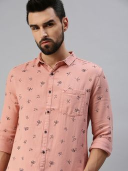 SHOWOFFFF - Men Casual Cotton Printed Slim Fit Shirts-peach