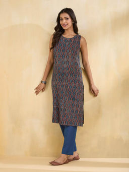 Fabindia - Indigo Cotton Ajrakh Printed Slim Fit Kurta