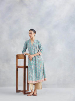 Fabindia - Turquoise Cotton Hand Block Floral Printed Long Kurta