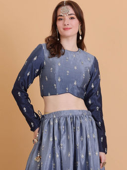 Ethnovog - Grey Chinon Embroidered Stitched Blouse