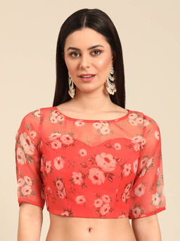 Ethnovog - Orange Floral Organza Stitched Blouse