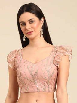 Ethnovog - Pink Net Embroidered Pentagon Neck Style Stitched Blouse