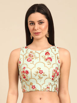 Ethnovog - Green Embroidered Chinon Halter Neck Stitched Blouse