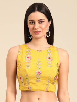 Ethnovog - Yellow Embroidered Chinon Halter Neck Stitched Blouse