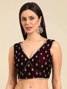 Ethnovog - Wine Embroidered Velvet Sleeveless Stitched Blouse