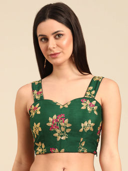 Ethnovog - Green Embroidered Chinon Strap Neck Stitched Blouse