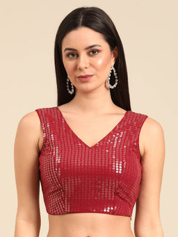 Ethnovog - Maroon Sequins Embroidered Sleeveless Stitched Blouse