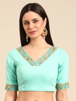 Ethnovog - Green Muslin V Neck Stitched Blouse