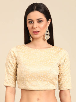 Ethnovog - Off White Embroidered Art Silk Stitched Blouse