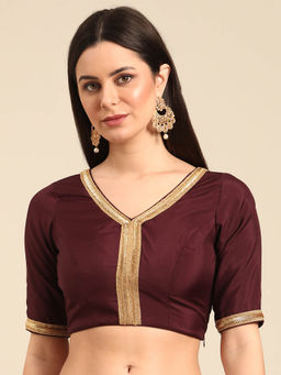 Ethnovog - Brown Muslin V Neck Embroidered Stitched Blouse