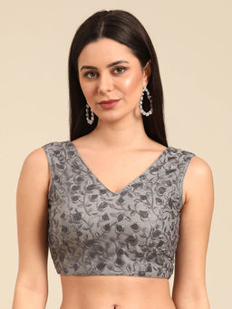 Ethnovog - Grey Embroidered Net V Neck Stitched Blouse