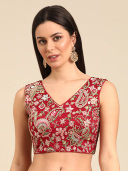 Ethnovog - Maroon Embroidered Art Silk V Neck Stitched Blouse