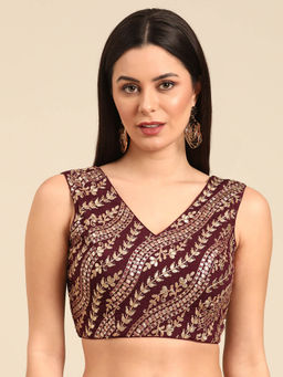 Ethnovog - Wine Chinon Embroidered Net V Neck Stitched Blouse