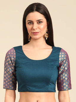 Ethnovog - Blue Jacquard Art Silk N Embroidered Stitched Blouse