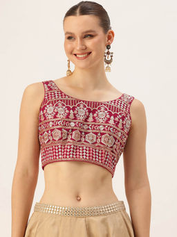Ethnovog - Red Georgette Embroidered Sleeveless Stitched Blouse