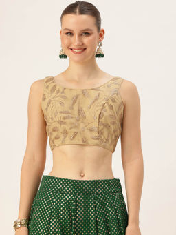 Ethnovog - Beige Net Embroidered Sleeveless Stitched Blouse