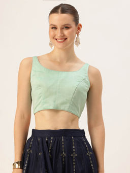 Ethnovog - Blue Chanderi Cotton Sleeveless Stitched Blouse