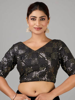 Ethnovog - Black Georgette Embroidered V Neck Stitched Blouse