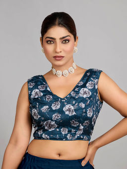 Ethnovog - Blue Chinon Printed Stitched Blouse