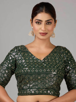 Ethnovog - Green Chinon Embroidered V Neck Stitched Blouse