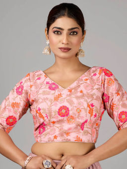 Ethnovog - Pink Embroidered Net V Neck Stitched Blouse