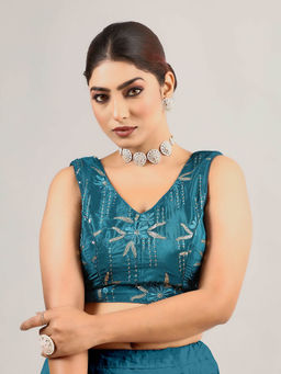 Ethnovog - Green Art Silk Embroidered V Neck Stitched Blouse