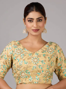 Ethnovog - Beige Net Embroidered V Neck Stitched Blouse