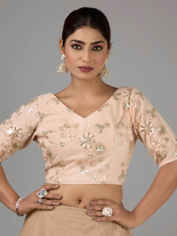 Ethnovog - Mauve Embroidered Net V Neck Stitched Blouse