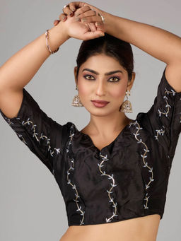 Ethnovog - Black Viscose Embroidered V Neck Stitched Blouse