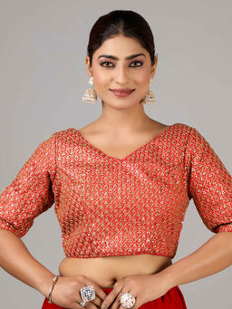 Ethnovog - Red Sequins Embroidered V Neck Stitched Blouse