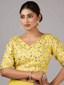 Ethnovog - Yellow Mirror Embroidered Viscose V Neck Stitched Blouse