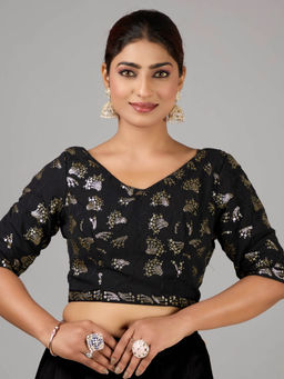 Ethnovog - Black Embroidered Georgette V Neck Stitched Blouse