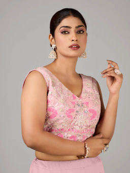 Ethnovog - Pink Net Embroidered V Neck Stitched Blouse