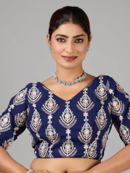 Ethnovog - Blue Georgette Embroidered V Neck Stitched Blouse