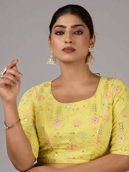 Ethnovog - Yellow Georgette Embroidered Round Neck Stitched Blouse