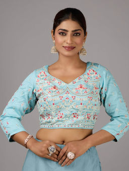 Ethnovog - Blue Art Silk Embroidered Stitched Blouse